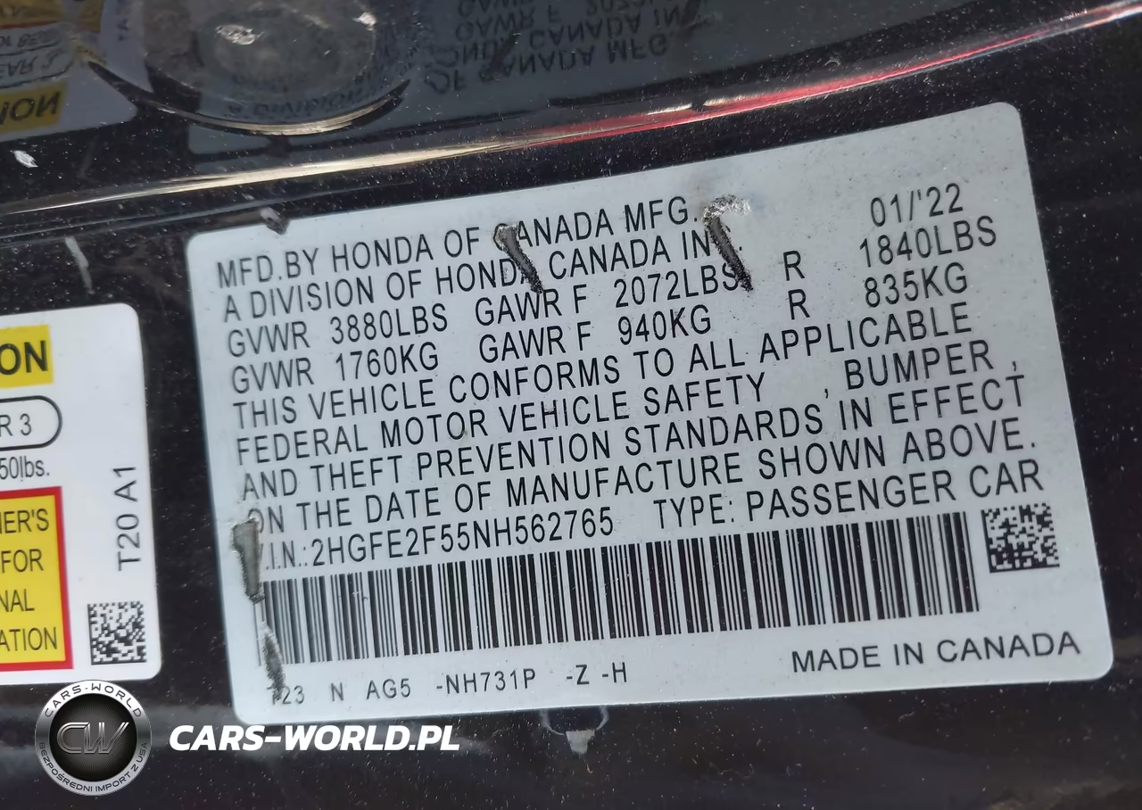 2022 Honda Civic Sport VIN:2HGFE2F55NH562765 - 9