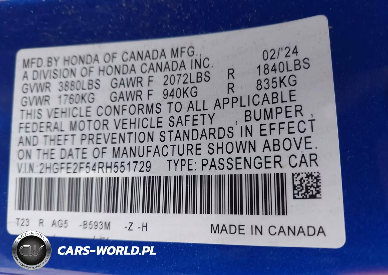 2024 Honda Civic Sport VIN:2HGFE2F54RH551729 - 9