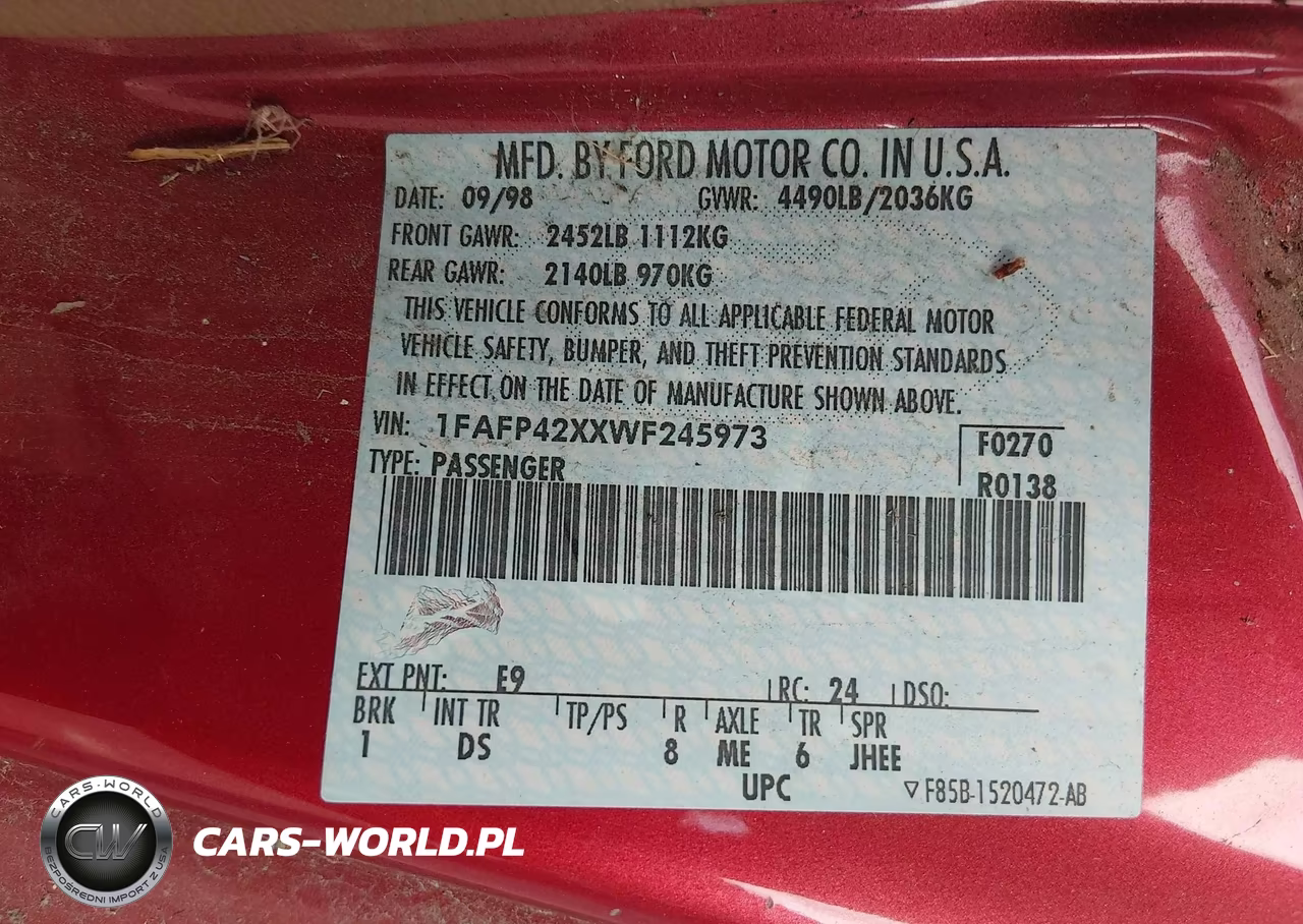 1998 Ford Mustang Gt VIN:1FAFP42XXWF245973 - 9