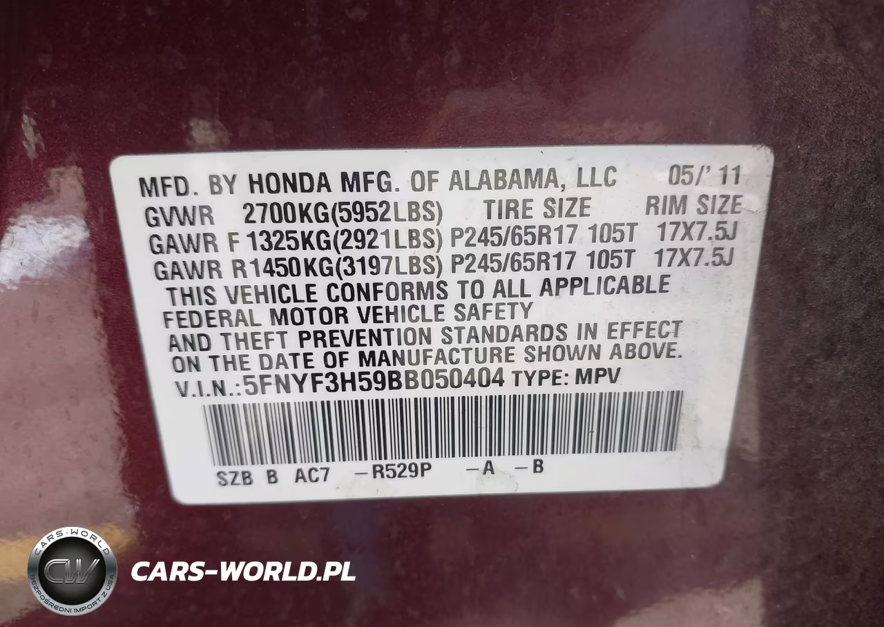 2011 Honda Pilot Ex-L VIN:5FNYF3H59BB050404 - 9