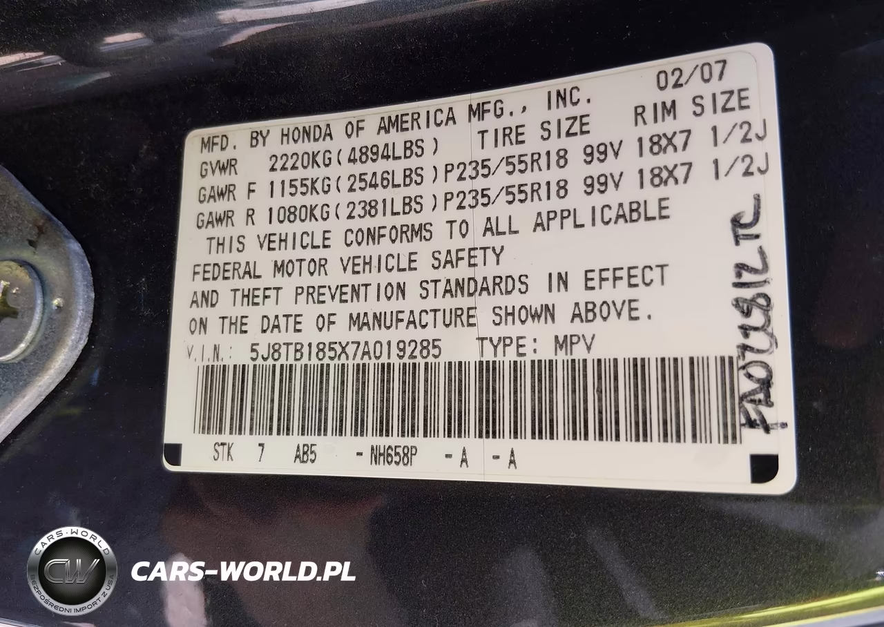 2007 Acura Rdx VIN:5J8TB185X7A019285 - 9