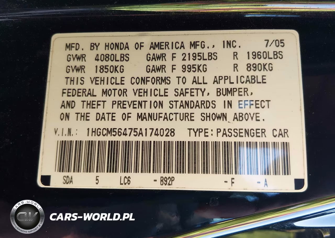 2005 Honda Accord 2.4 Lx VIN:1HGCM56475A174028 - 9
