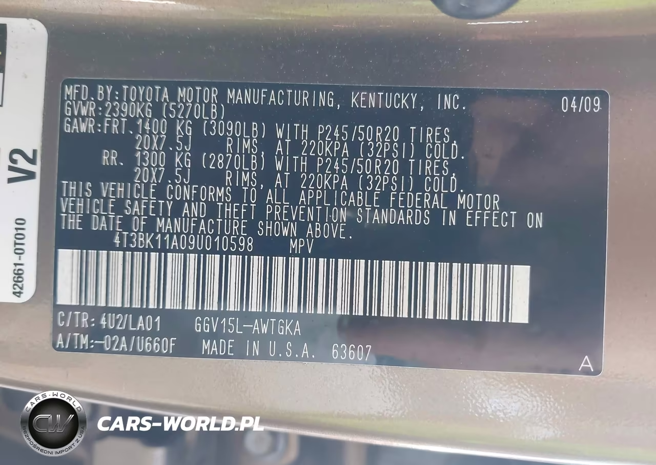 2009 Toyota Venza Base V6 VIN:4T3BK11A09U010598 - 9