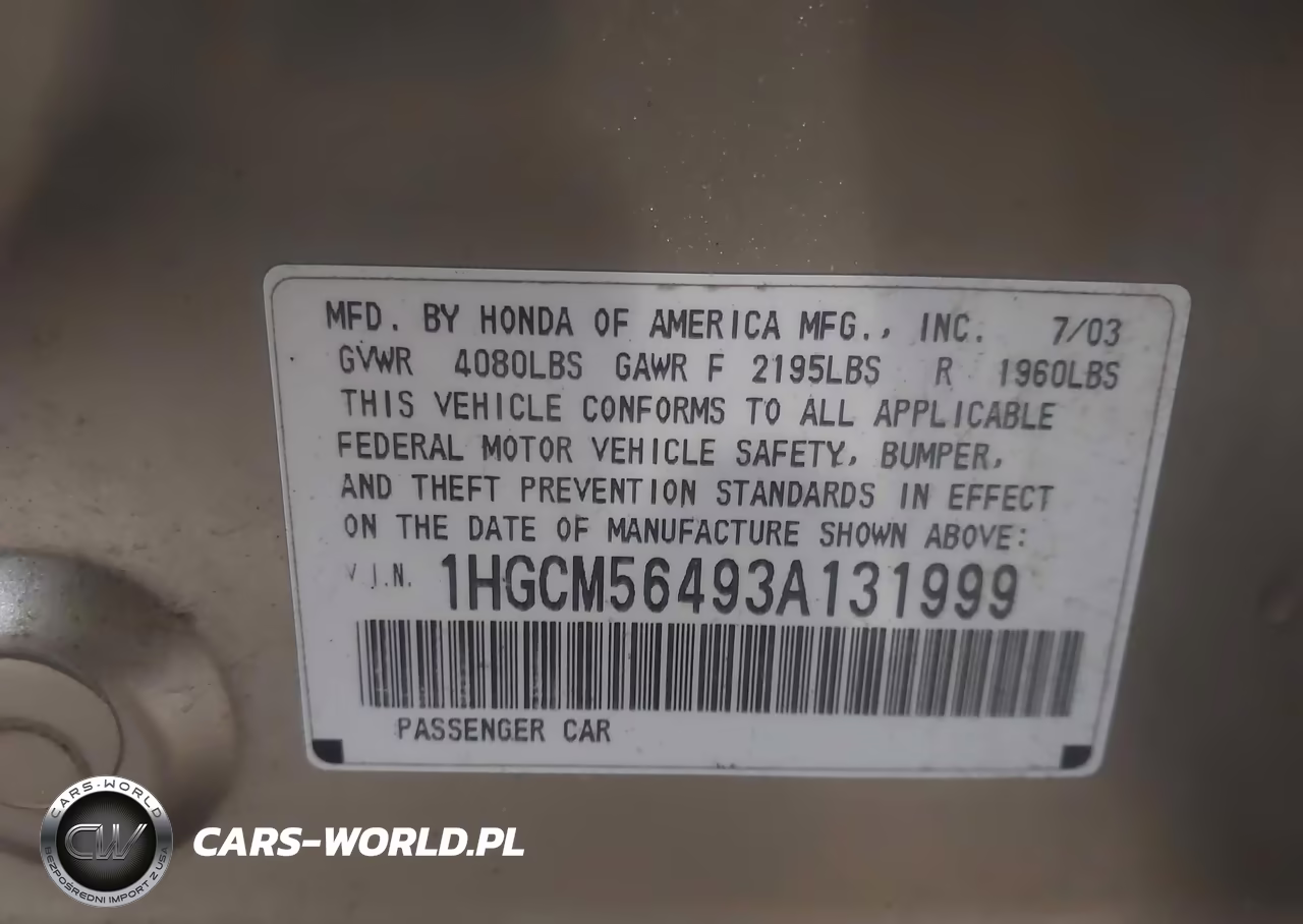 2003 Honda Accord 2.4 Lx VIN:1HGCM56493A131999 - 9