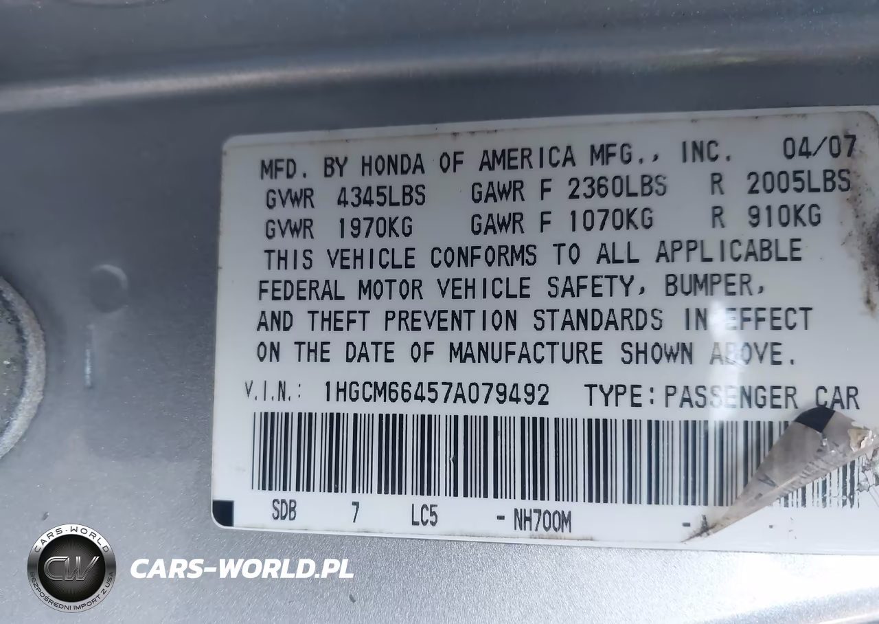 2007 Honda Accord 3.0 Se VIN:1HGCM66457A079492 - 9