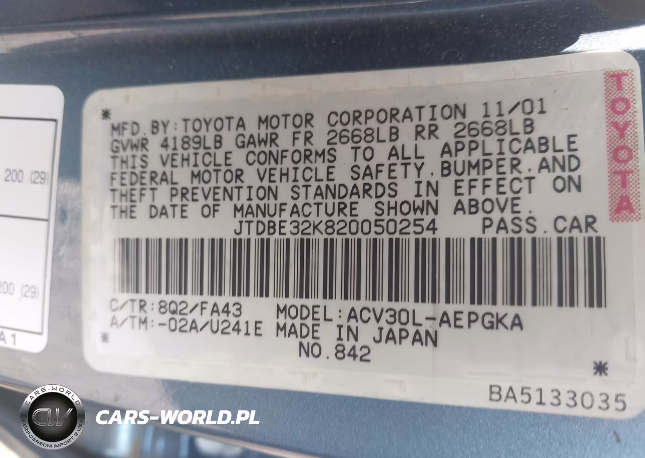 2002 Toyota Camry Xle VIN:JTDBE32K820050254 - 9