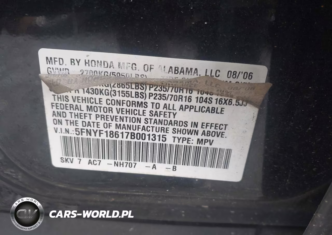 2007 Honda Pilot Ex-L VIN:5FNYF18617B001315 - 9