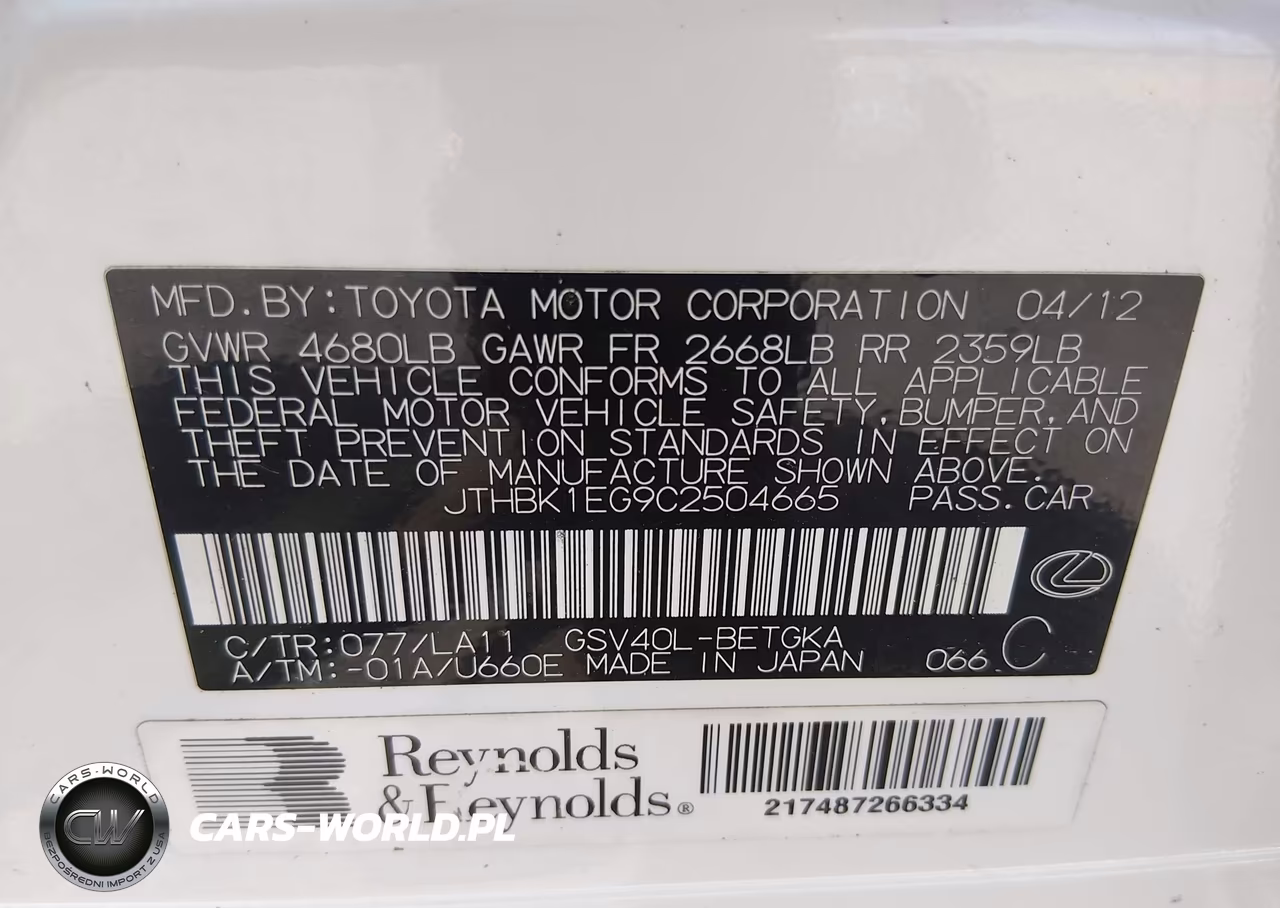2012 Lexus Es 350 VIN:JTHBK1EG9C2504665 - 9