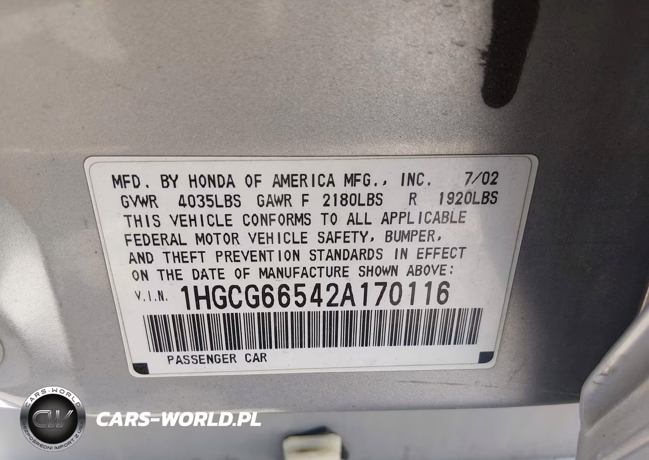 2002 Honda Accord 2.3 Lx VIN:1HGCG66542A170116 - 9