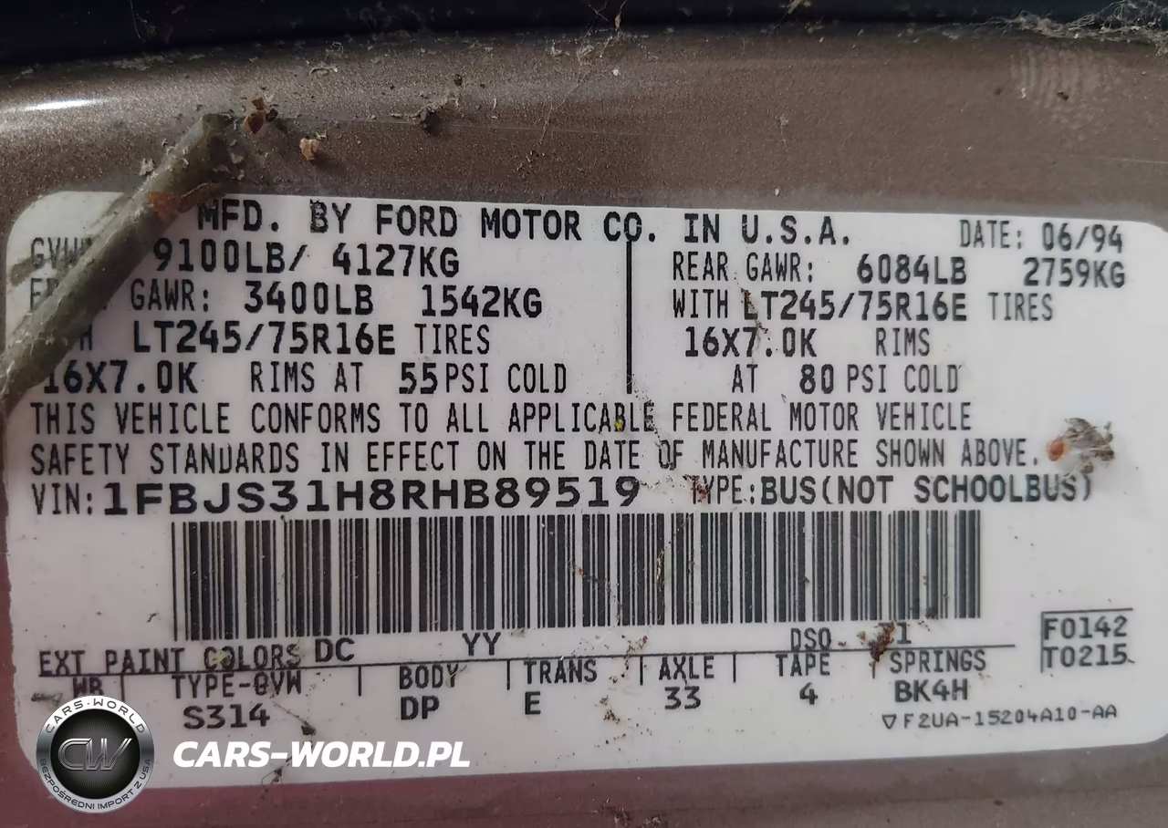1994 Ford Econoline E350 Super Duty VIN:1FBJS31H8RHB89519 - 9