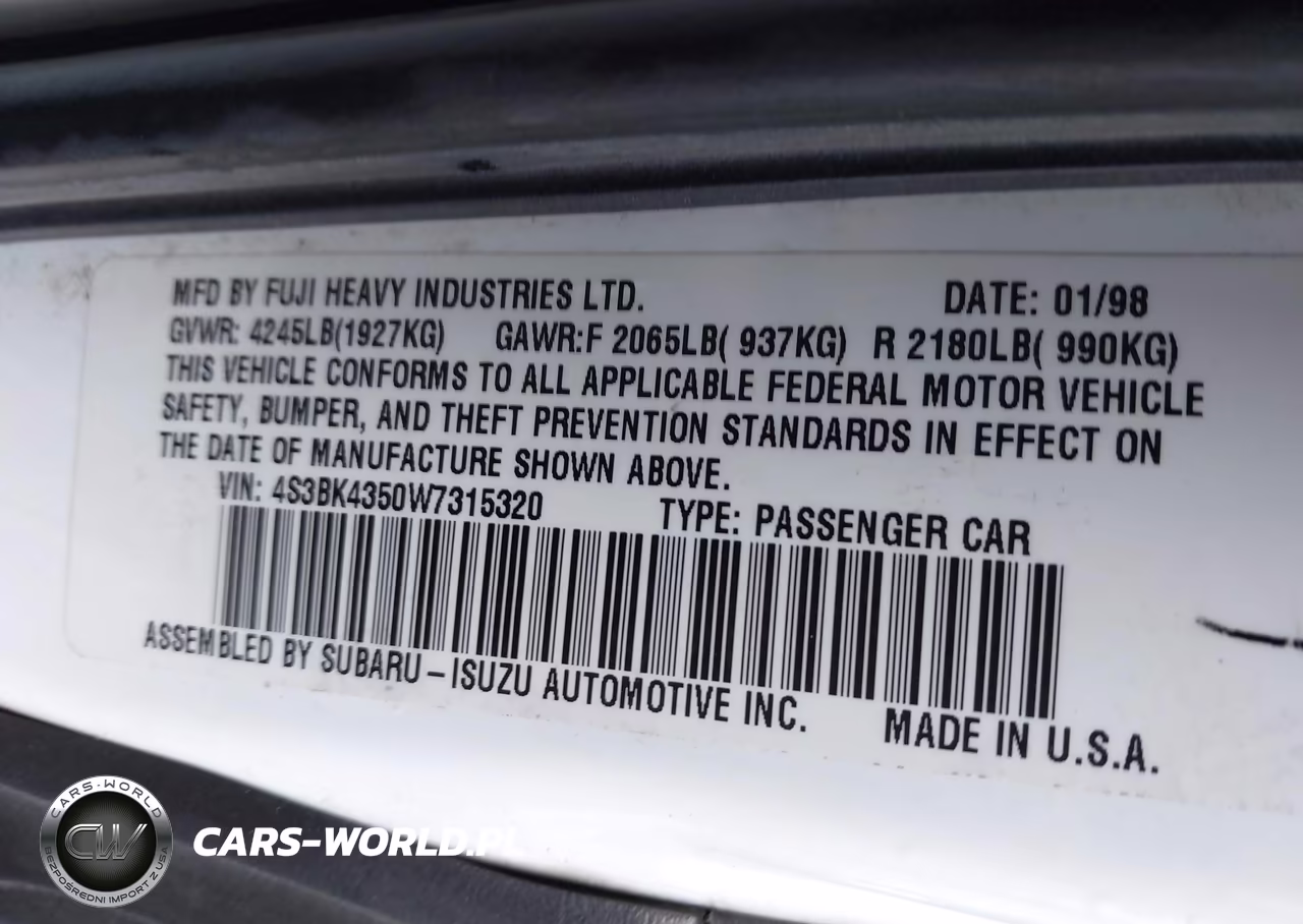 1998 Subaru Legacy L-Right Hand Postal Drive VIN:4S3BK4350W7315320 - 9