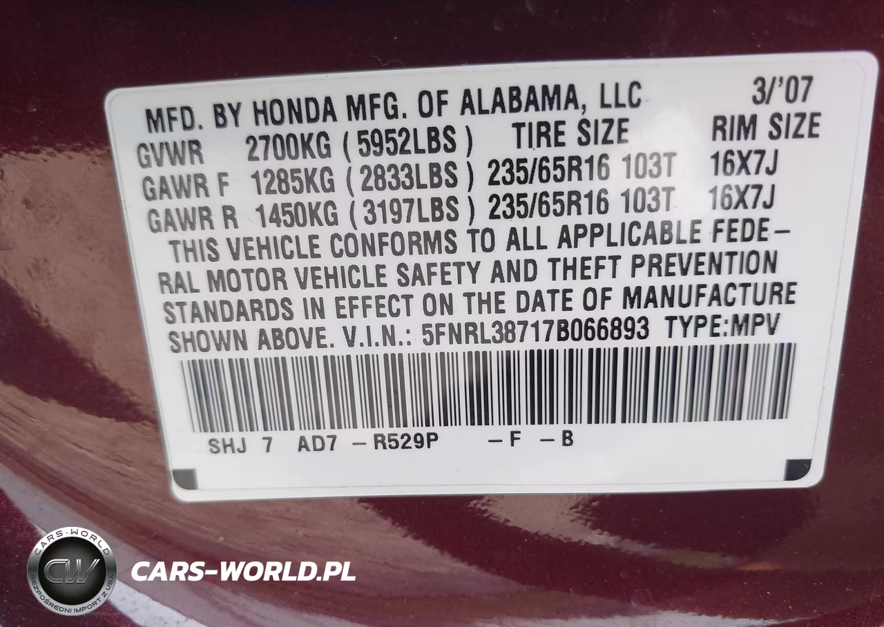 2007 Honda Odyssey Ex-L VIN:5FNRL38717B066893 - 9
