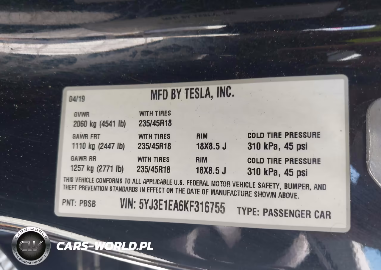 2019 Tesla Model 3 VIN:5YJ3E1EA6KF316755 - 9