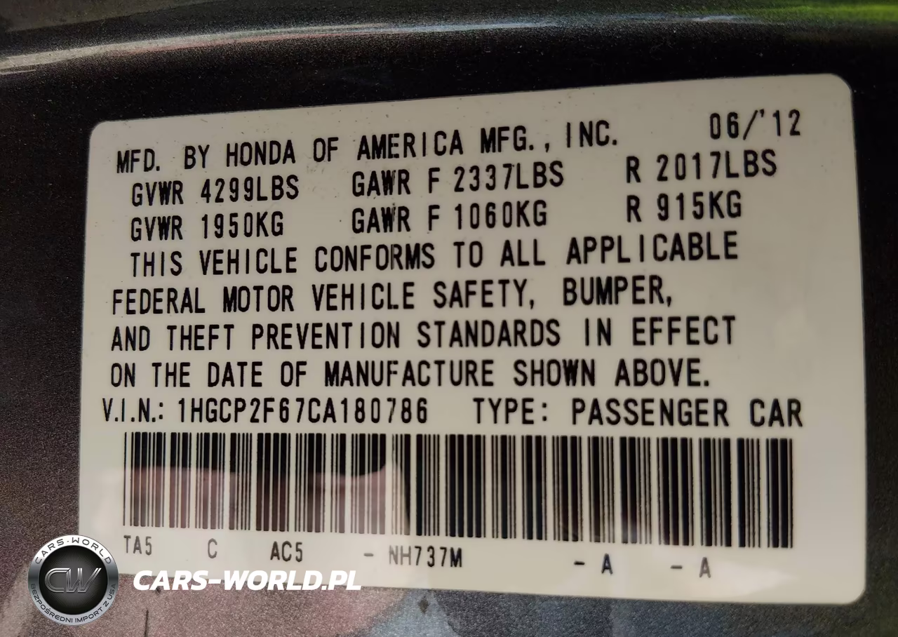 2012 Honda Accord 2.4 Se VIN:1HGCP2F67CA180786 - 9