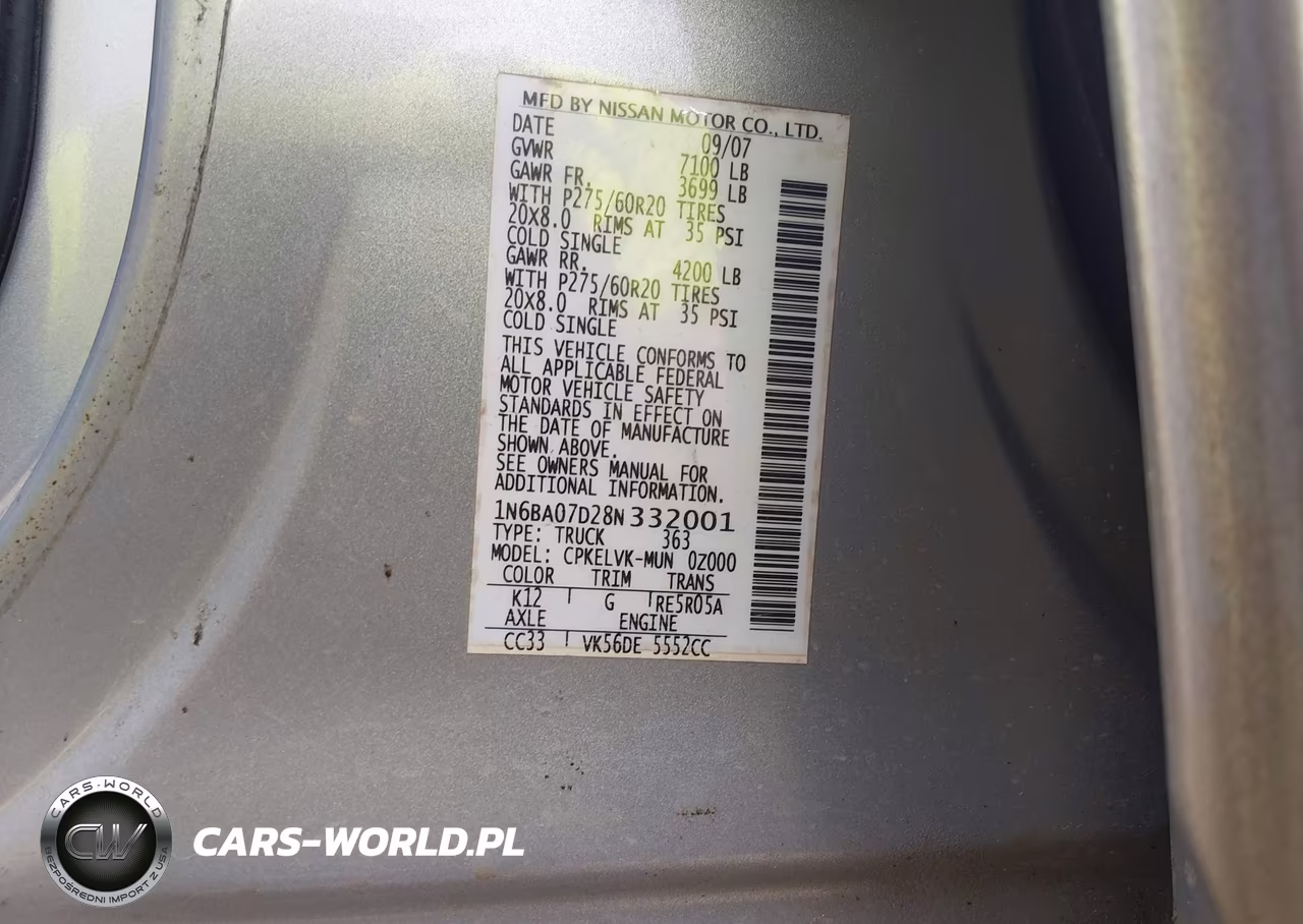 2008 Nissan Titan Le VIN:1N6BA07D28N332001 - 9