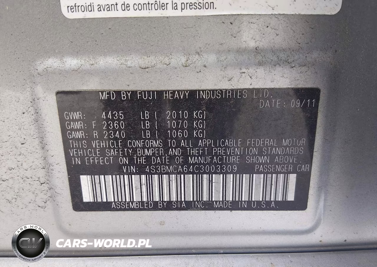 2012 Subaru Legacy 2.5I VIN:4S3BMCA64C3003309 - 9