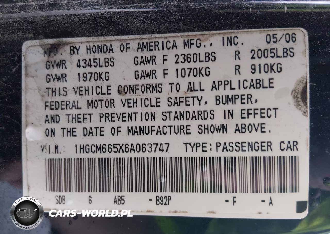 2006 Honda Accord 3.0 Ex VIN:1HGCM665X6A063747 - 9