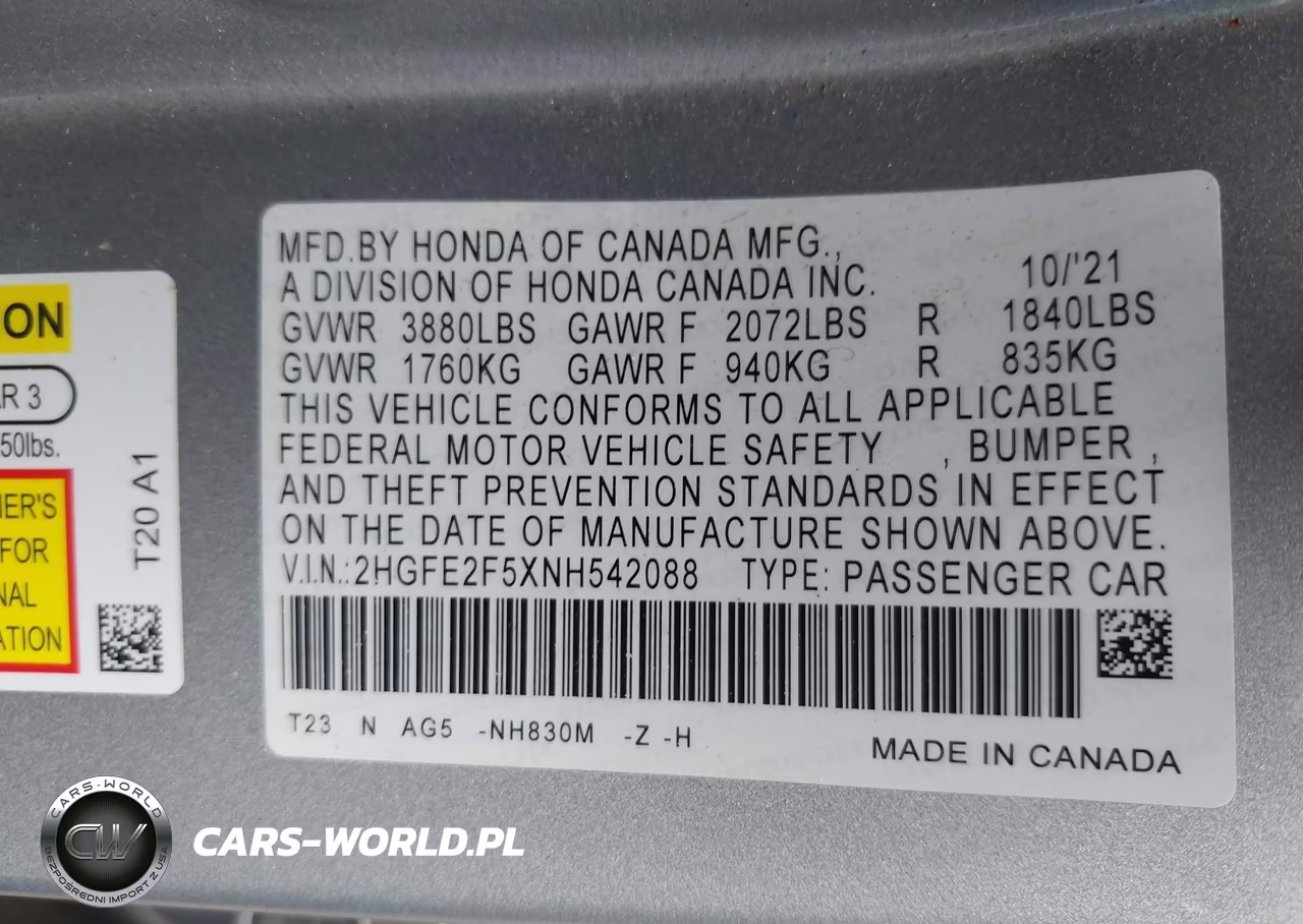 2022 Honda Civic Sport VIN:2HGFE2F5XNH542088 - 9