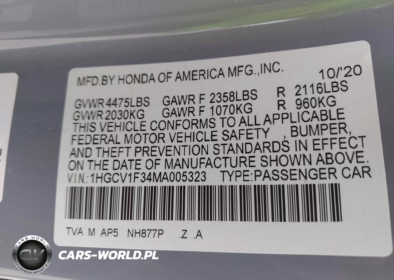 2021 Honda Accord Sport VIN:1HGCV1F34MA005323 - 9