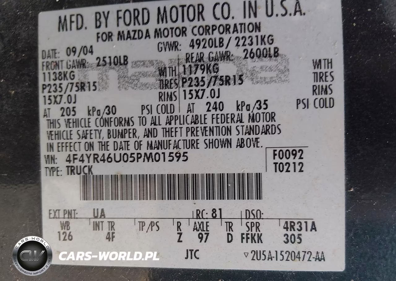 2005 Mazda B3000 Ds VIN:4F4YR46U05PM01595 - 9