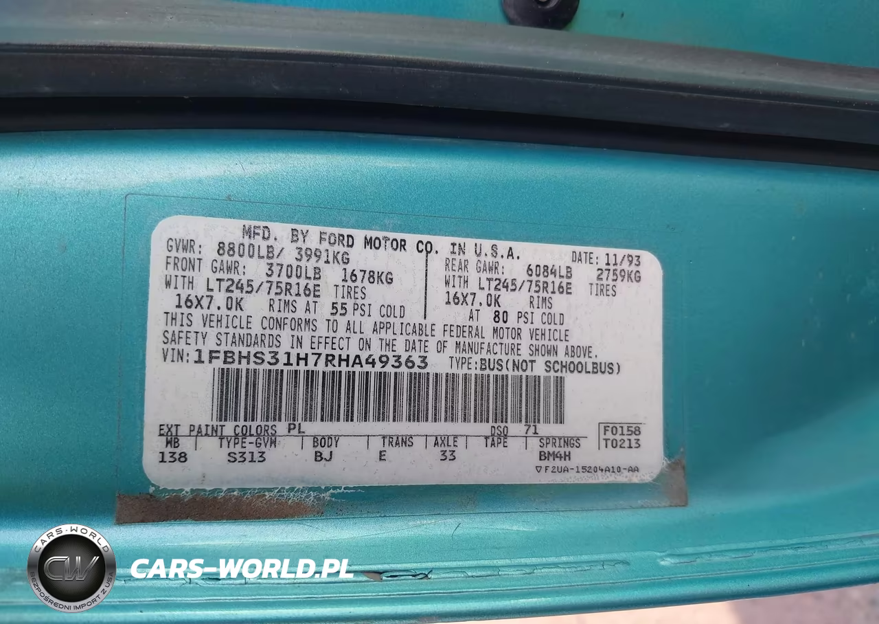 1994 Ford Econoline E350 Super Duty VIN:1FBHS31H7RHA49363 - 9