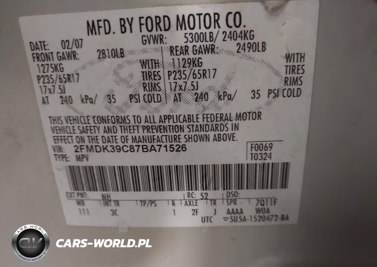 2007 Ford Edge Sel Plus VIN:2FMDK39C87BA71526 - 9