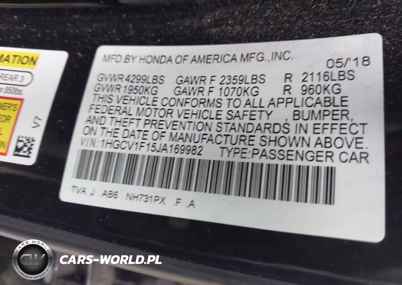 2018 Honda Accord Lx VIN:1HGCV1F15JA169982 - 9