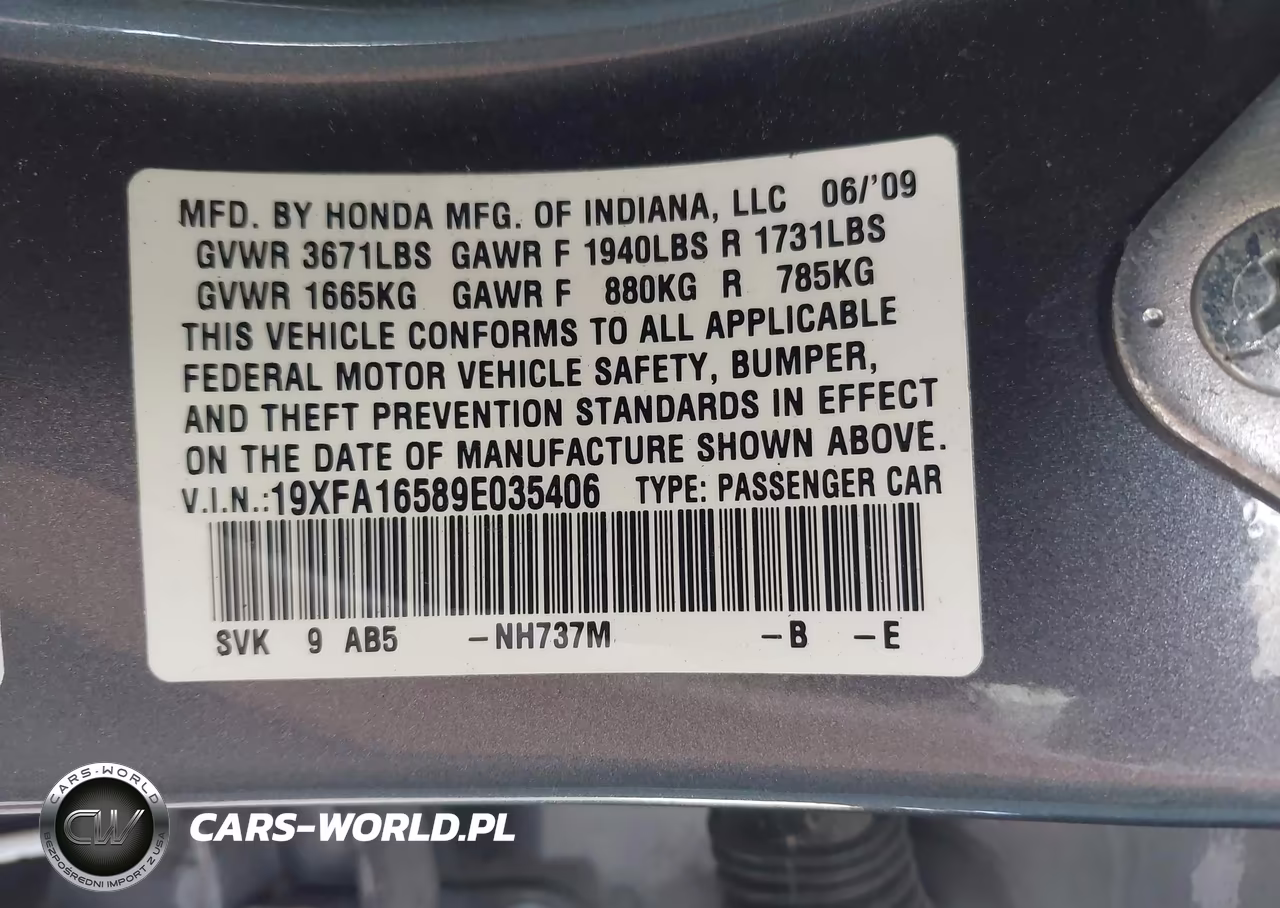 2009 HONDA CIVIC LX VIN:19XFA16589E035406 - 9