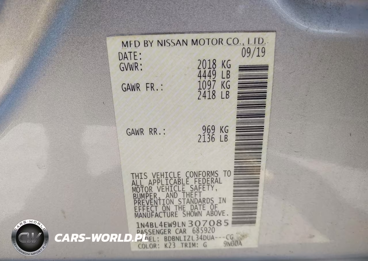 2020 Nissan Altima Sl Intelligent Awd VIN:1N4BL4EW9LN307085 - 9