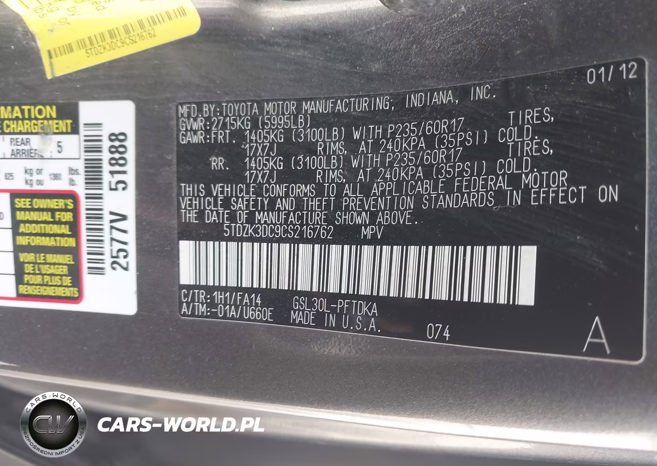 2012 Toyota Sienna Base V6 7 Passenger VIN:5TDZK3DC9CS216762 - 9