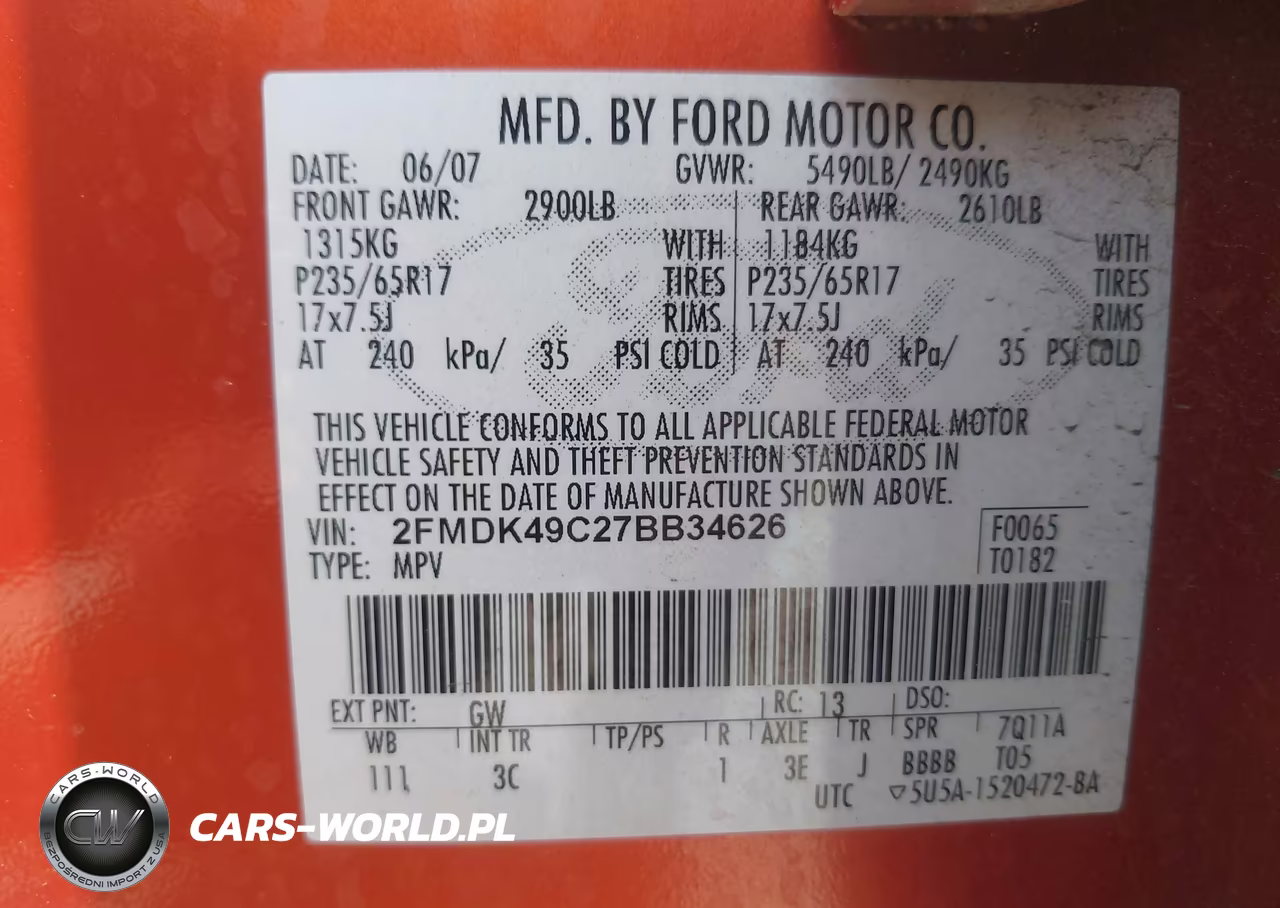 2007 Ford Edge Sel Plus VIN:2FMDK49C27BB34626 - 9