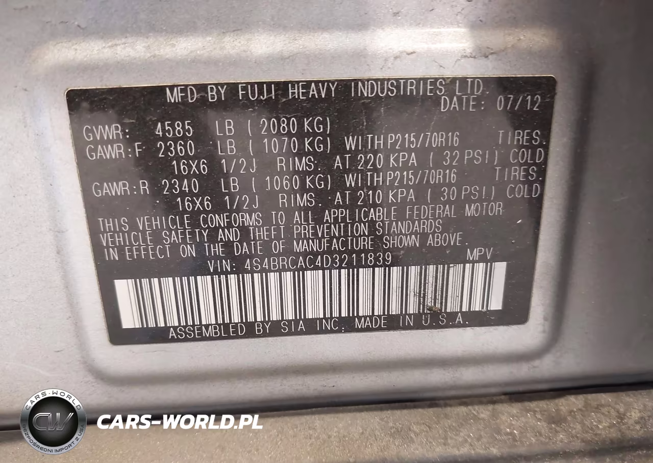 2013 Subaru Outback 2.5I VIN:4S4BRCAC4D3211839 - 9