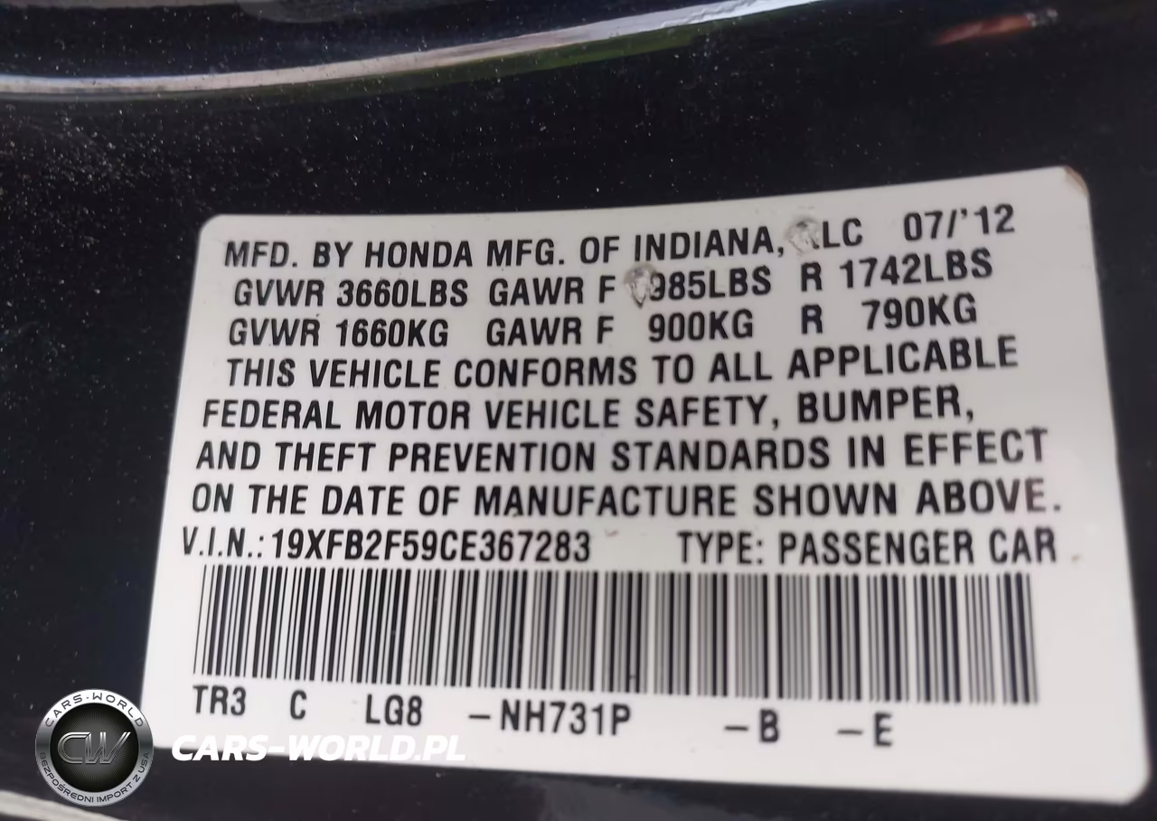 2012 Honda Civic Lx VIN:19XFB2F59CE367283 - 9