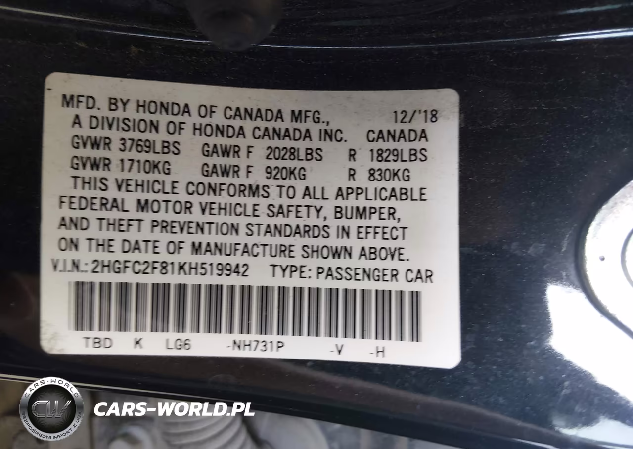 2019 Honda Civic Sport VIN:2HGFC2F81KH519942 - 9