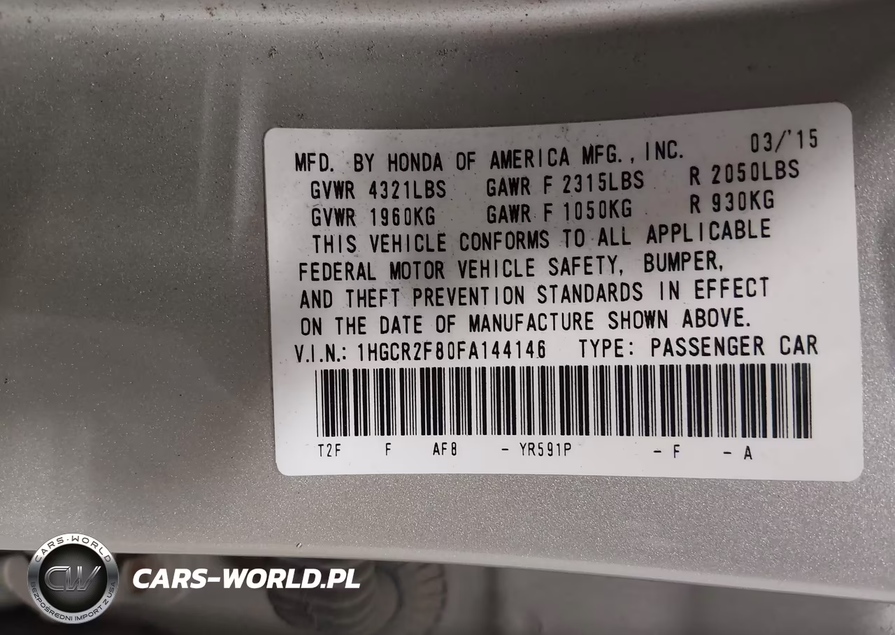 2015 Honda Accord Ex-L VIN:1HGCR2F80FA144146 - 9