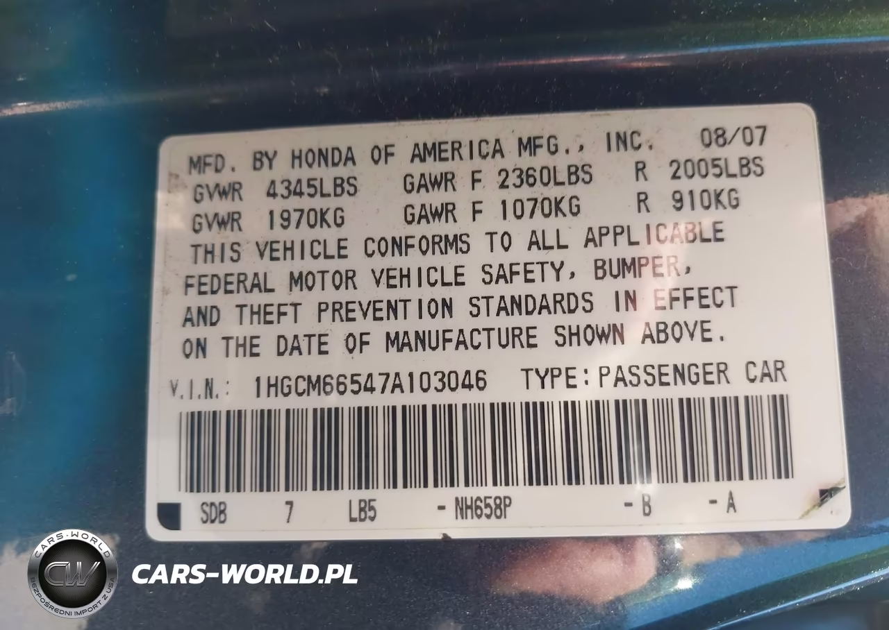 2007 Honda Accord 3.0 Ex VIN:1HGCM66547A103046 - 9