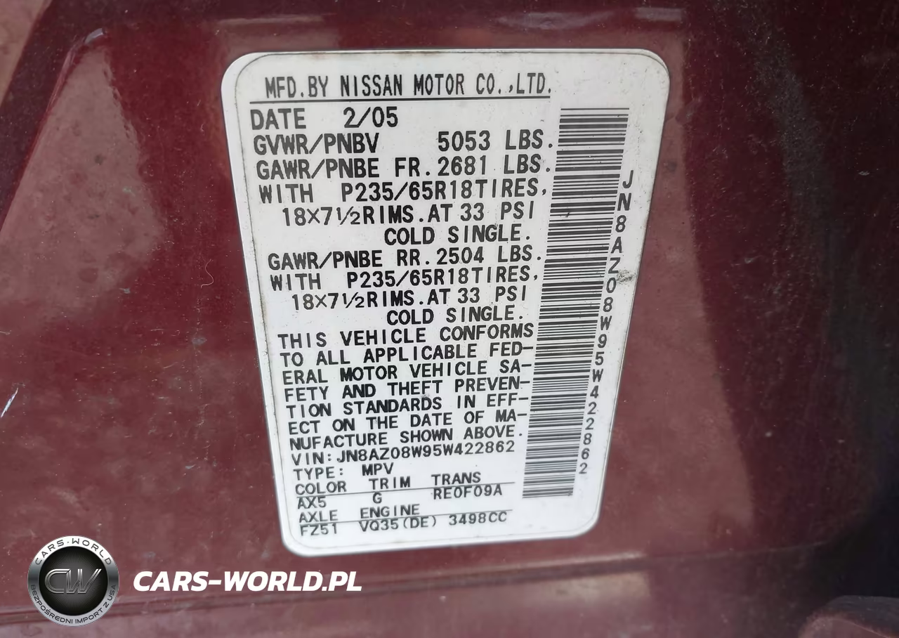 2005 Nissan Murano Sl VIN:JN8AZ08W95W422862 - 9