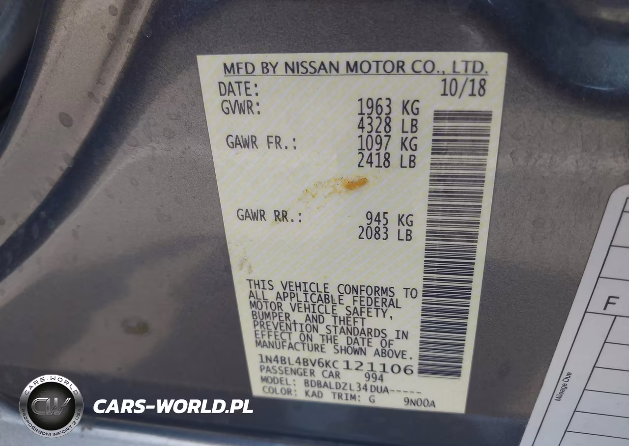2019 Nissan Altima 2.5 S VIN:1N4BL4BV6KC121106 - 9