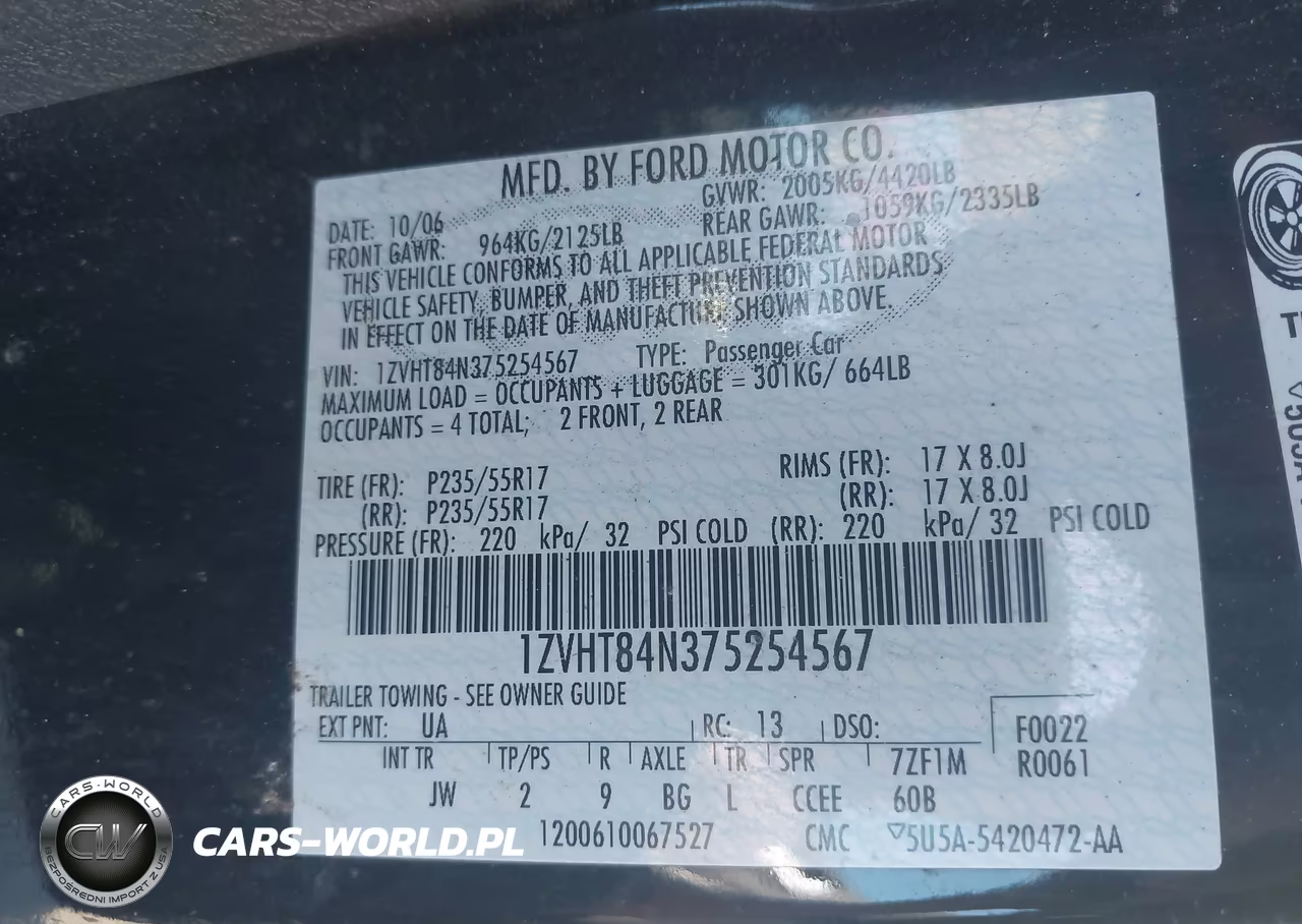 2007 Ford Mustang VIN:1ZVHT84N375254567 - 9