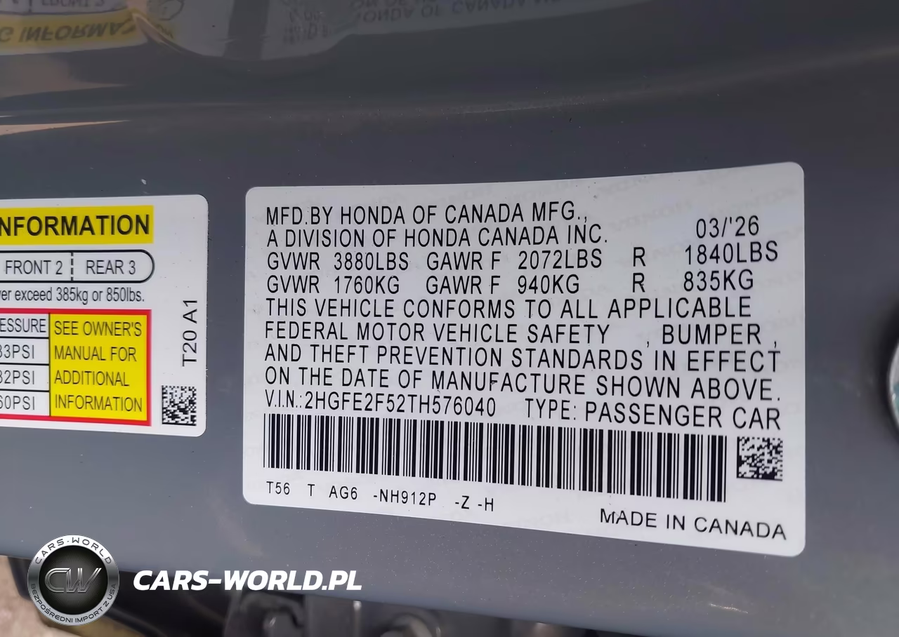 2026 Honda Civic Sport VIN:2HGFE2F52TH576040 - 9