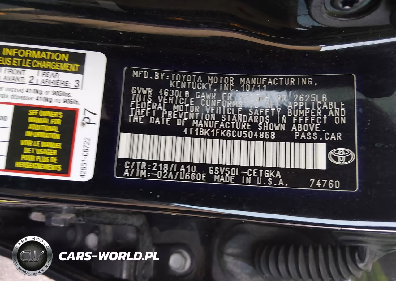 2012 Toyota Camry Xle V6 VIN:4T1BK1FK6CU504868 - 9