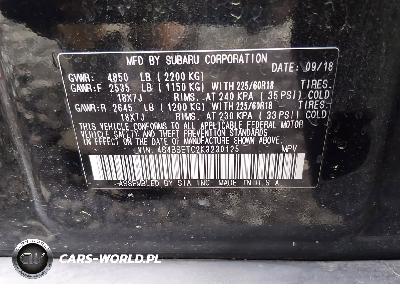 2019 Subaru Outback 3.6R Touring VIN:4S4BSETC2K3230125 - 9
