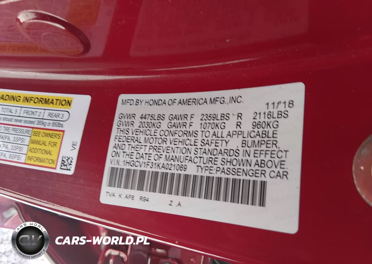 2019 Honda Accord Sport VIN:1HGCV1F31KA021069 - 9