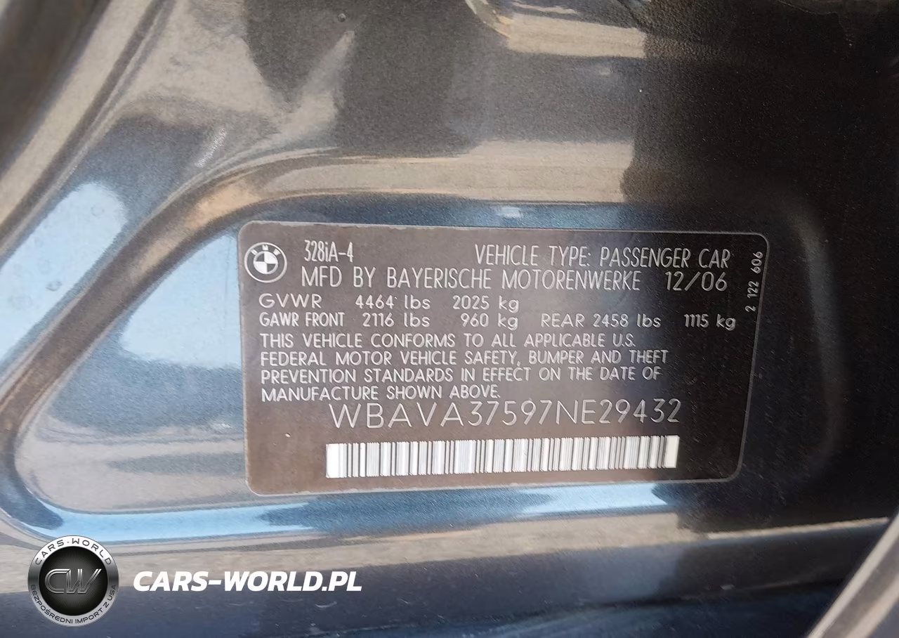 2007 BMW 328I VIN:WBAVA37597NE29432 - 9