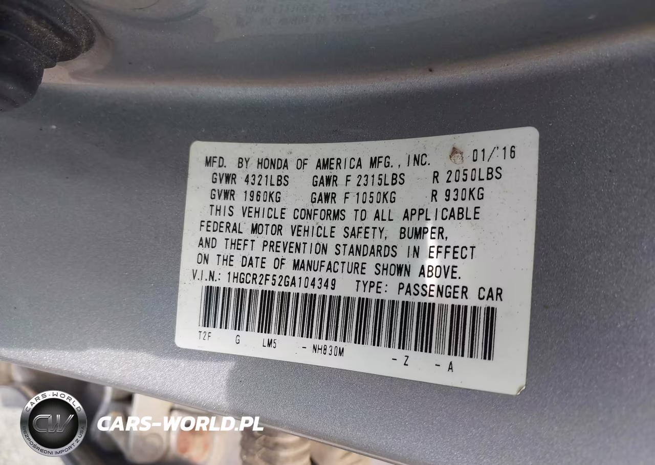 2016 Honda Accord Sport VIN:1HGCR2F52GA104349 - 9