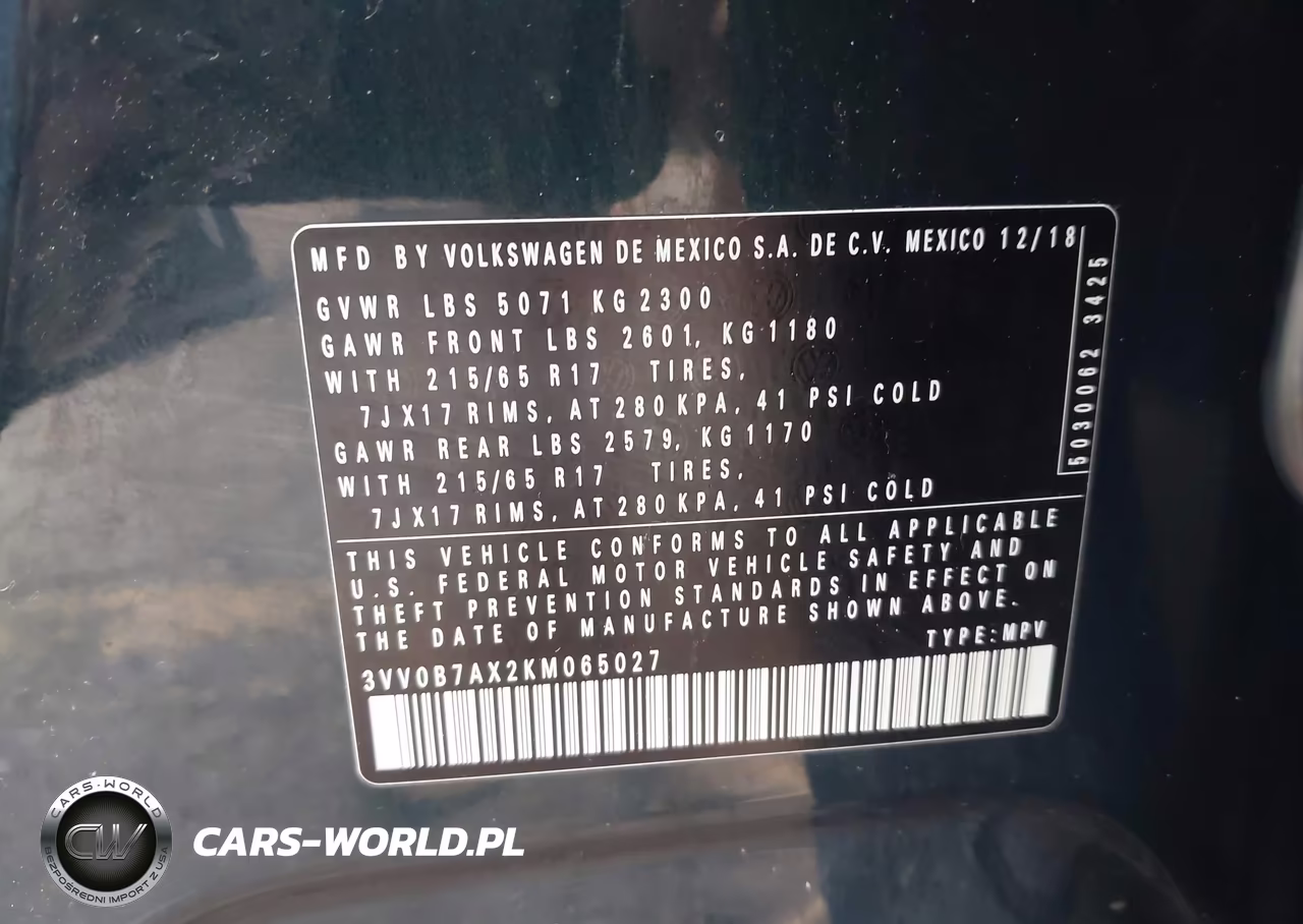 2019 Volkswagen Tiguan 2.0T S VIN:3VV0B7AX2KM065027 - 9