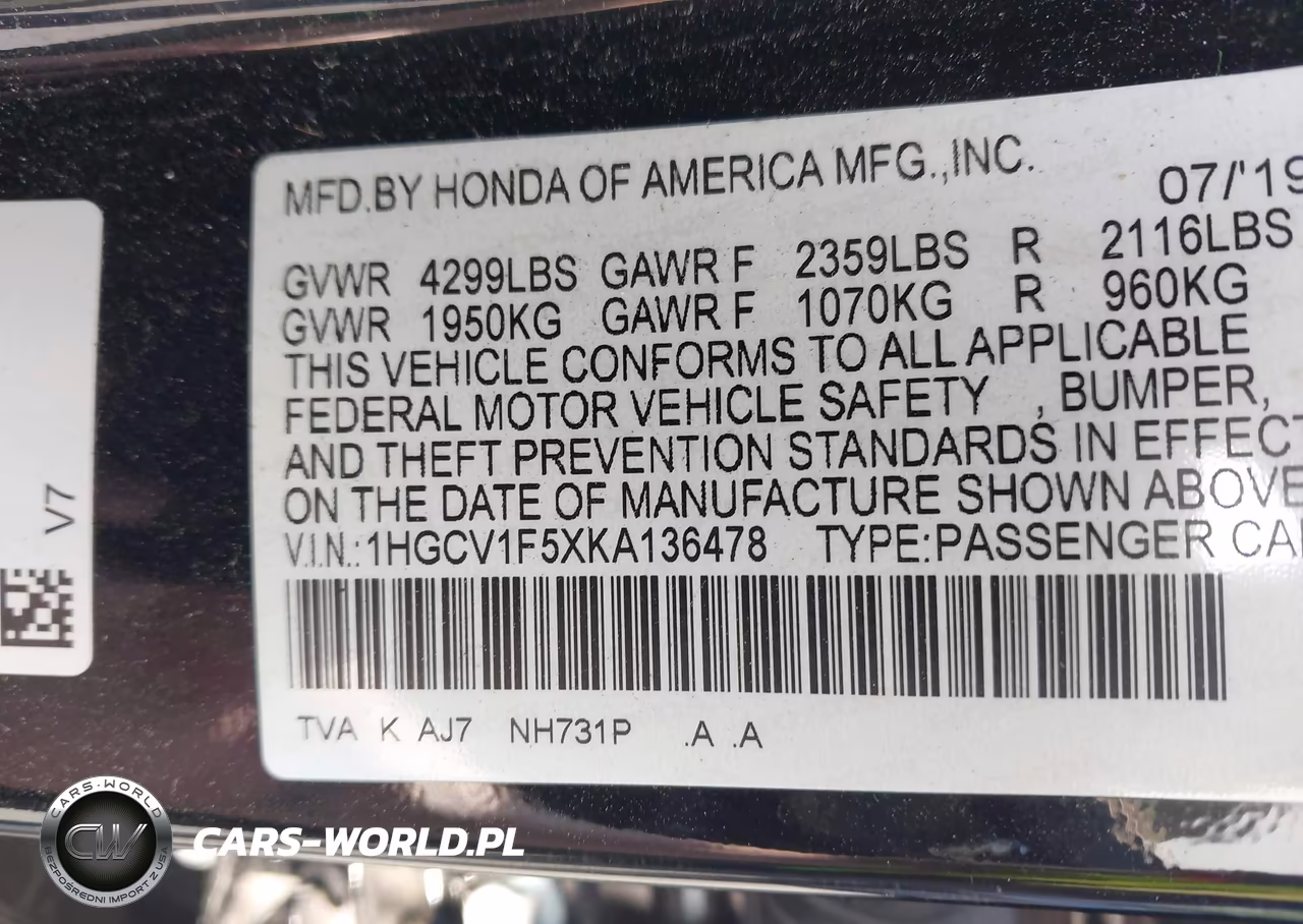 2019 Honda Accord Ex-L VIN:1HGCV1F5XKA136478 - 9