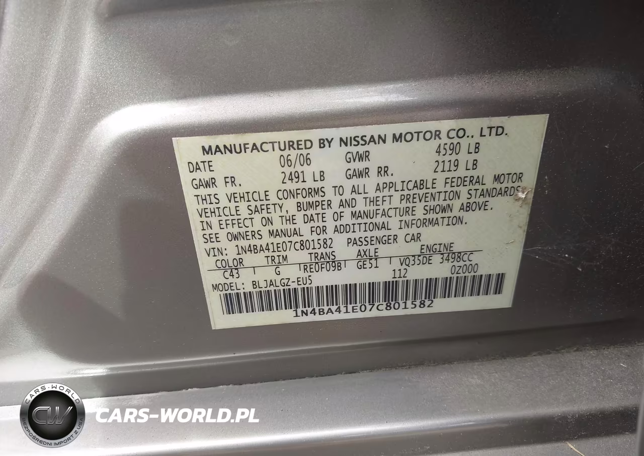 2007 Nissan Maxima 3.5 Sl VIN:1N4BA41E07C801582 - 9