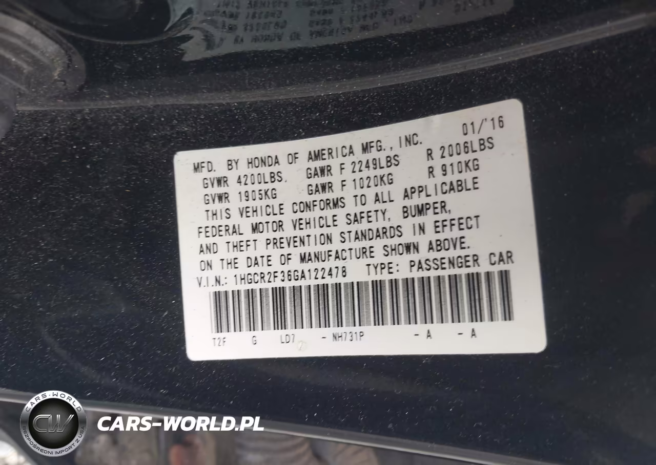 2016 Honda Accord Lx VIN:1HGCR2F36GA122478 - 9