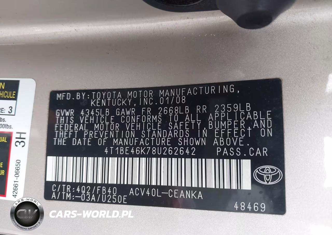 2008 Toyota Camry VIN:4T1BE46K78U262642 - 9